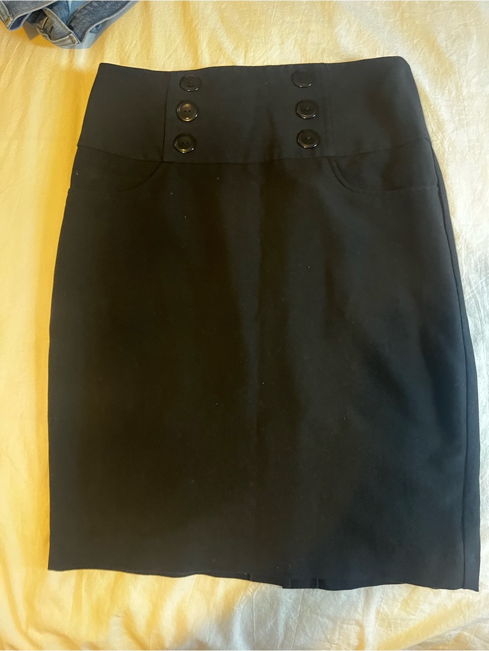 Black High-Waist Pencil Skirt with Double Button Detail